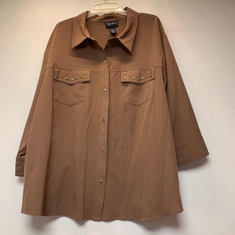 Maggie Barnes Button Down Shirt Women 4X Brown Excellent Studded 3/4 Sleeve Top